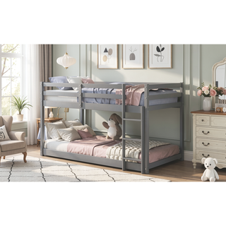Sunvega Twin over Twin Floor Low Bunk Bed with Ladder for Kids Bedroom