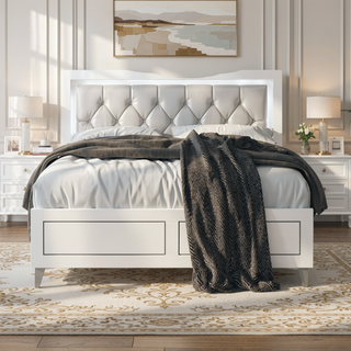 Sunvega Queen Bed with LED Light Padded Headboard in Grey and White Synthetic Leather