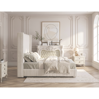 Sunvega Contemporary White Fur Chenille Fabric Mattress Ready Queen Size Bed
