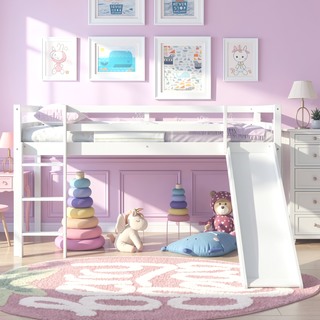 Sunvega Grey Twin Low Loft Bed with Slide, Ladder, and Safety Guardrails