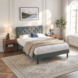 Sunvega Modern Upholstered Platform Bed Frame with Button Tufted Linen Headboard