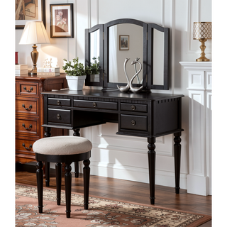 Sunvega Contemporary Black Rubber Wood Vanity Set with Foldable Mirror and Stool