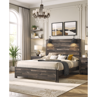 Sunvega Rustic Weathered Brown King Size Platform Bed with Decking Headboard and Lamps