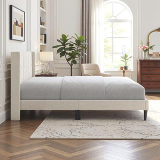 Sunvega Modern Minimalist Linen Upholstered Wingback Bed with Panel-Tufted Headboard