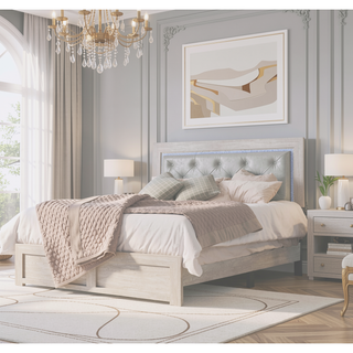 Sunvega Modern Beige Faux Leather Queen Panel Bed with Headboard Lighting