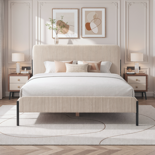 Sunvega Queen Upholstered Bed with Channeled Headboard and Sturdy Metal Frame
