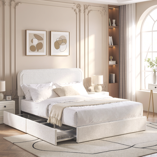 Sunvega Queen Size Ivory Boucle Upholstered Platform Bed with 4 Storage Drawers