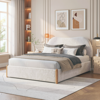 Sunvega Ivory Linen Upholstered Curved Headboard Solid Wood Frame Bed