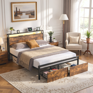 Sunvega Queen Size RGB LED Bed Frame with Storage Headboard and Charging Station