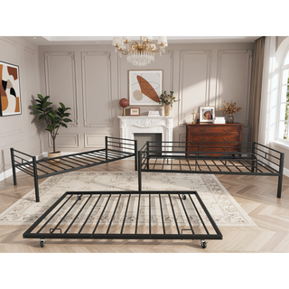 Sunvega Convertible Metal Bunk Bed with Trundle for Extra Guest Sleeping Space