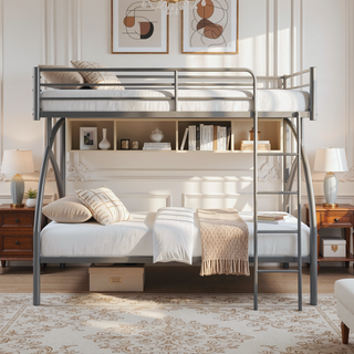 Sunvega Gray Metal Twin/Full Bunk Bed with Guard Rails and Ladder