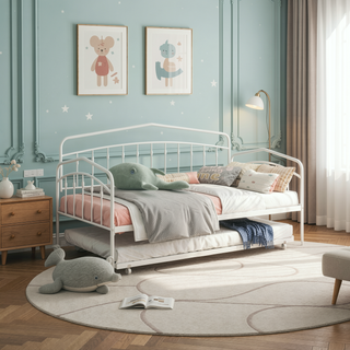 Sunvega Elegant White Twin Daybed with Trundle and Durable Metal Frame