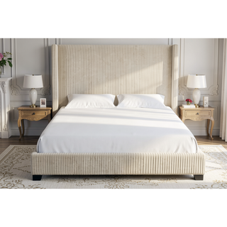 Sunvega Queen Upholstered Pleated Bed in a Box with Sturdy Dark Brown Frame