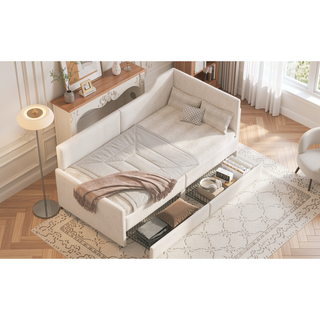 Sunvega L-Shaped Semi-Enclosed Upholstered Corduroy Daybed Frame with 2 Storage Drawers