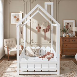 Sunvega Twin Size House Bed Frame with Fence and Roof for Kids and Teens