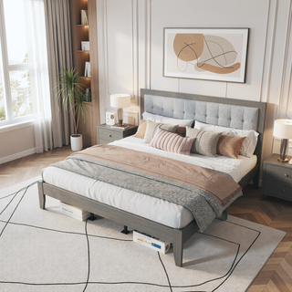 Sunvega Solid Wood King Bed with Upholstered Headboard in Grace Grey Finish
