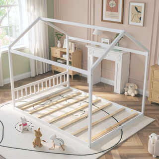 Sunvega Queen Size White House Shaped Bed with Headboard Made of Pine Wood