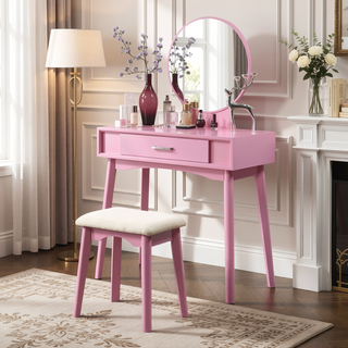 Sunvega Gold Modern Wood Vanity Set with Round Mirror and Matching Stool
