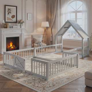 Sunvega Full Size House Floor Bed with Door and Full-Length Guardrails for Kids