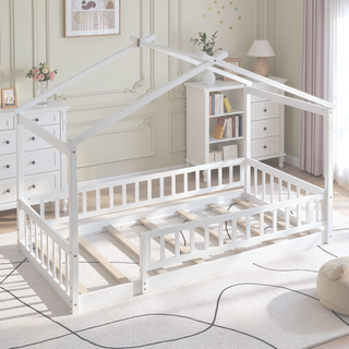 Sunvega Full Size House Bed Frame with Playhouse Fence and Roof for Kids