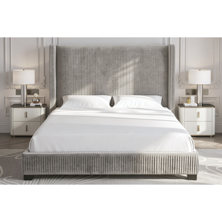 Sunvega Queen Upholstered Pleated Bed in a Box with Sturdy Dark Brown Frame
