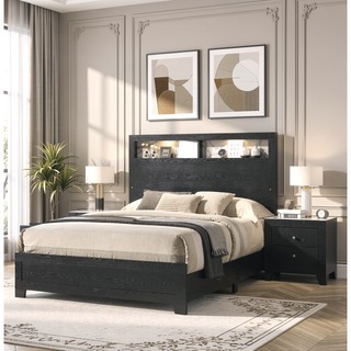 Sunvega Contemporary King Size Panel Bed Headboard with LED Sleek Sloping Design Black Finish