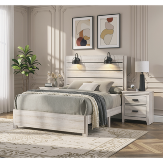 Sunvega Rustic Style Butcher Block Finish Weathered Cream White King Size Platform Bed