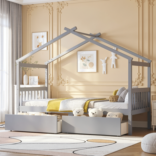 Sunvega Twin Size Wooden House Bed with Drawers and Headboard for Kids Room