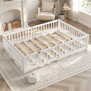 Sunvega Twin Size Floor Bed with Safety Guardrails and Door for Kids in Natural