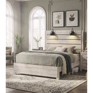 Sunvega Rustic Style Butcher Block Finish Weathered Cream White King Size Platform Bed