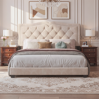 Sunvega Queen Size Upholstered Bed Frame with Tufted Velvet Headboard and Rivet Design