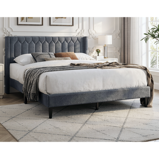 Sunvega Modern Charcoal Burlap Upholstered Queen Size Headboard with Diamond Design