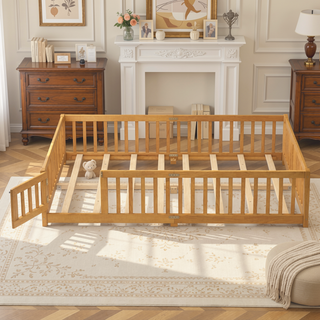 Sunvega Twin Size Floor Bed with Safety Guardrails and Door for Kids in Natural
