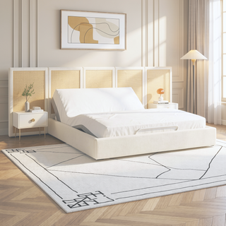 Sunvega Antique White Polyester Cane Platform Bed with Upholstered Headboard
