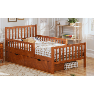 Sunvega Twin Size Walnut Wood Platform Bed with Guardrails and Two Storage Drawers