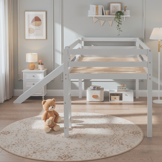 Sunvega Twin Size Wood Loft Bed with Slide Ladder and Guard Rails for Safety