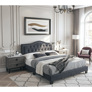 Sunvega European Queen Size Bed with Button Tufted Headboard and Charcoal Finish