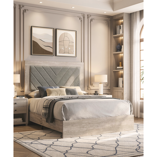 Sunvega Contemporary Cream California King Size Bed with V-Design Headboard