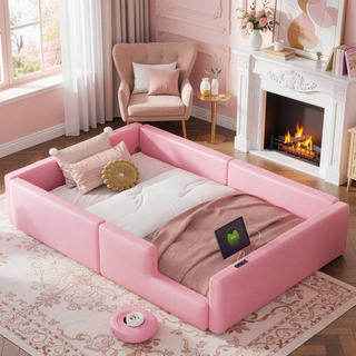 Sunvega Pink Twin Size Upholstered Platform Bed with Guardrail and Charging Station