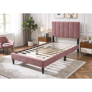 Sunvega Stylish Channel-Tufted Headboard Twin Bed with Brushed Linen Fabric