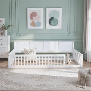 Sunvega White Wood Twin XL Floor Bed with Storage Cabinets and USB Charging Ports