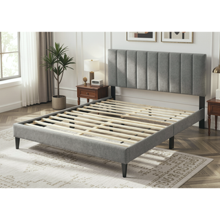 Sunvega Queen Upholstered Pleated Bed in a Box with Sturdy Dark Brown Frame