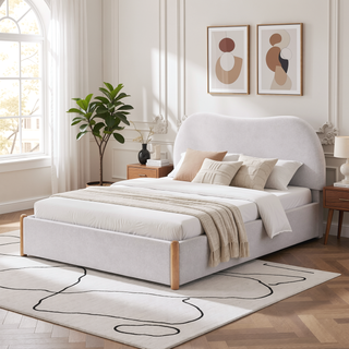Sunvega Ivory Linen Upholstered Curved Headboard Solid Wood Frame Bed