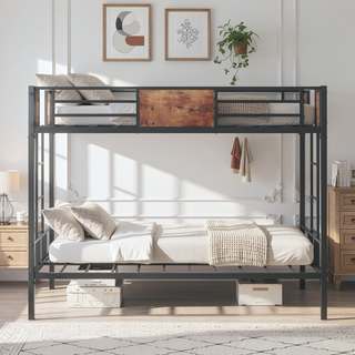 Sunvega Twin Over Twin Metal Bunk Bed with Double Guard Rails and Ladder