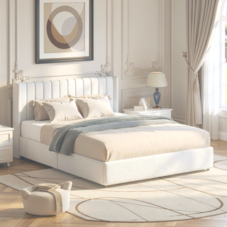 Sunvega Ivory Boucle Upholstered Queen Platform Bed with 2 Storage Drawers