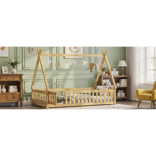 Sunvega Twin Tent Teepee Bed with Guardrails Slats and Door in Grey