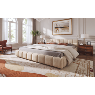 Sunvega Elegant Beige Chenille Upholstered King Bed with Checkerboard Headboard