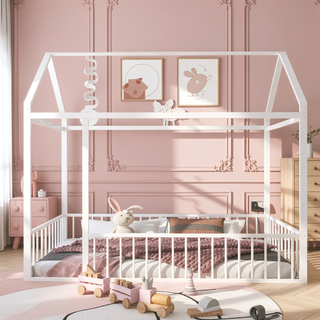Sunvega Full Size Playhouse Metal Bed Frame with Fence for Kids and Teens