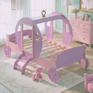 Sunvega Twin Size Princess Carriage Bed with Crown Wood Platform and Stair