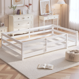 Sunvega Full Size Floor Bed with Fence for Kids Made of Sturdy Pine Wood